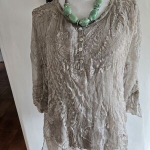 Scandal Taupe Flowy Long Sleeve Silk Boho Sheer Overlay Women's Top